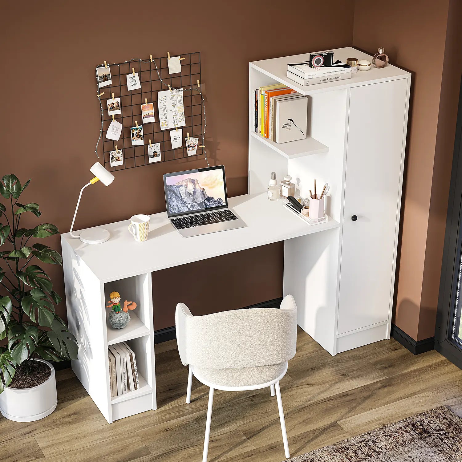 Stilo beyaz sağ kitaplıklı Bilgisayar Masası, Raflı Çalışma Masası , Çalışma Ofis Masası, Ders Yemek Masası 50x155 cm üst
