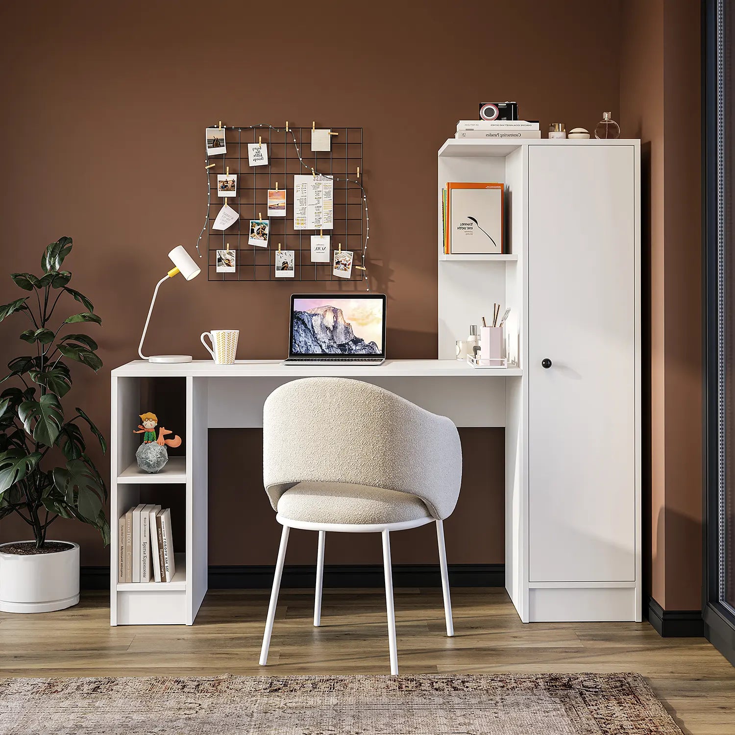 Stilo beyaz sağ kitaplıklı Bilgisayar Masası, Raflı Çalışma Masası , Çalışma Ofis Masası, Ders Yemek Masası 50x155 cm ön
