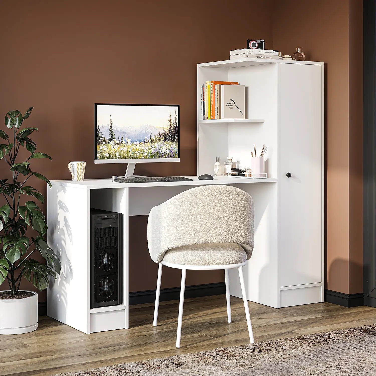 Stilo beyaz sağ kitaplıklı Bilgisayar Masası, Raflı Çalışma Masası , Çalışma Ofis Masası, Ders Yemek Masası 50x155 cm yan