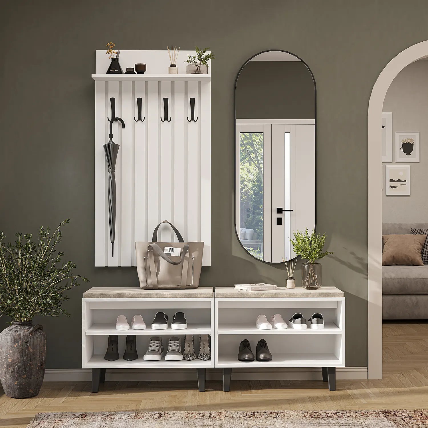 Nord Beyaz Vestiyer Takımı Lambri Askılıklı, Bench, Modüler, Oval Aynalı Portmanto Takım ön
