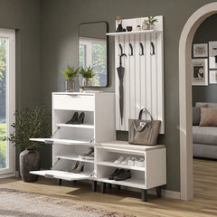 Roomart Nord beyaz lambri askılıklı kapaksız çekmeceli benchli ve aynalı modüler vestiyer takımı,
Nord ahşap lambri panelli duvara monte duvar askılığı vestiyer,
Oturmalı kapaksız bench ayakkabılık ünitesi antre mobilyası,
Dikdörtgen oval tasarımlı duvara asılabilir portmanto aynası