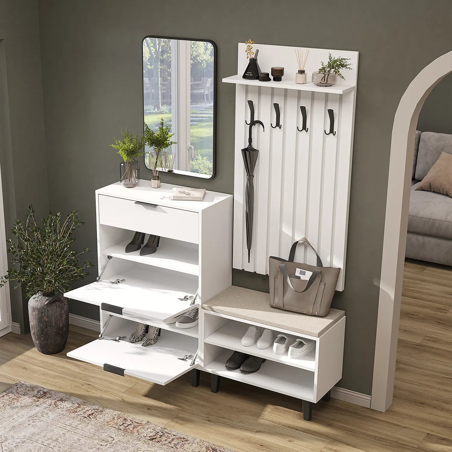 Roomart Nord beyaz lambri askılıklı kapaksız çekmeceli benchli ve aynalı modüler vestiyer takımı,
Nord ahşap lambri panelli duvara monte duvar askılığı vestiyer,
Oturmalı kapaksız bench ayakkabılık ünitesi antre mobilyası,
Dikdörtgen oval tasarımlı duvara asılabilir portmanto aynası