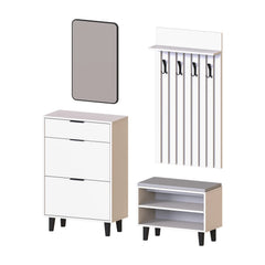 Roomart Nord beyaz lambri askılıklı kapaksız çekmeceli benchli ve aynalı modüler vestiyer takımı,
Nord ahşap lambri panelli duvara monte duvar askılığı vestiyer,
Oturmalı kapaksız bench ayakkabılık ünitesi antre mobilyası,
Dikdörtgen oval tasarımlı duvara asılabilir portmanto aynası dekupe görseli