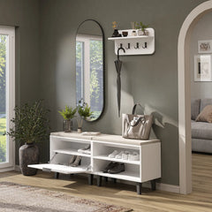 Roomart Nord beyaz askılıklı kapaklı kapaksız benchli ve aynalı modüler vestiyer takımı,
Nord ahşap lambri panelli duvara monte duvar askılığı vestiyer,
Oturmalı kapaksız bench ayakkabılık ünitesi antre mobilyası,
Dikdörtgen oval tasarımlı duvara asılabilir portmanto aynası