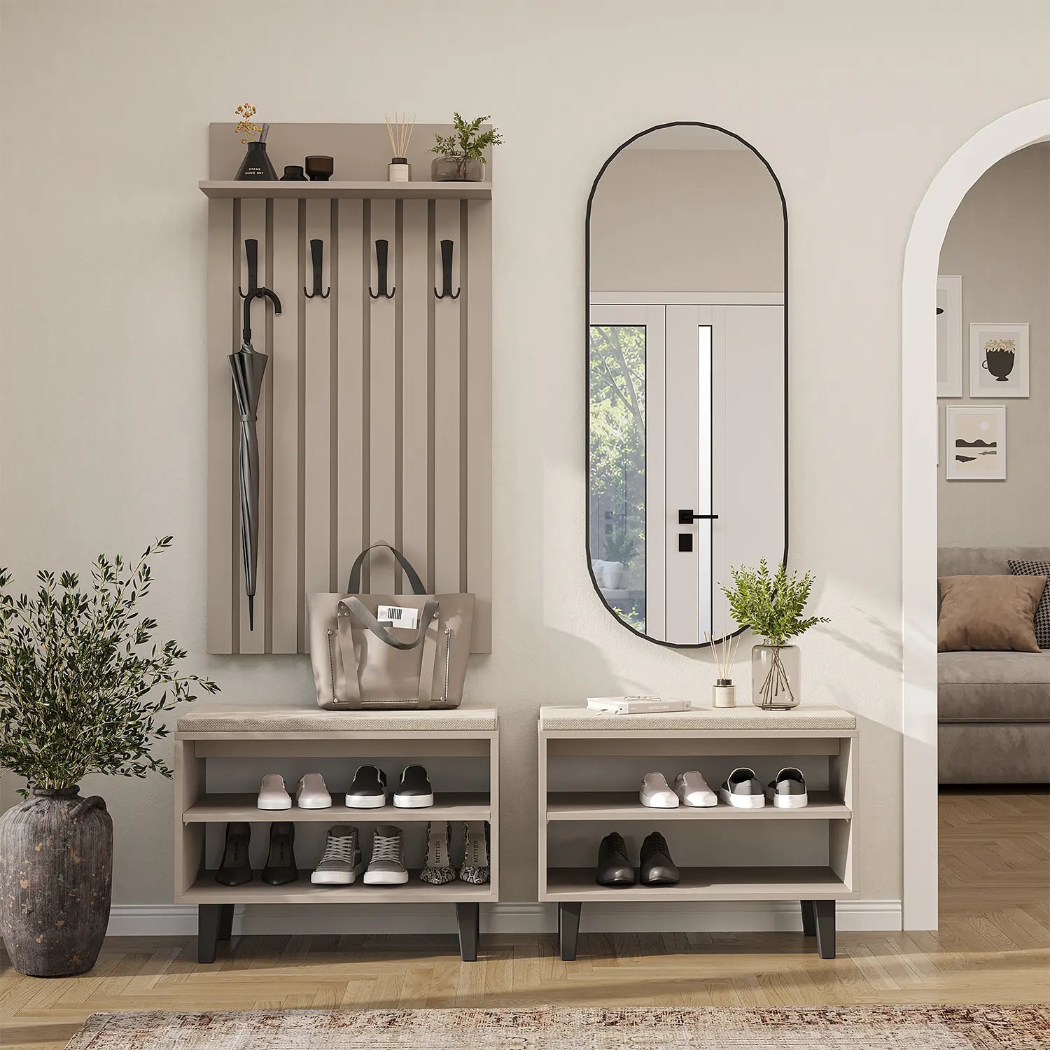 Nord Kumtaşı Vestiyer Takımı Lambri Askılıklı, Bench, Modüler, Oval Aynalı Portmanto Takım ayrı