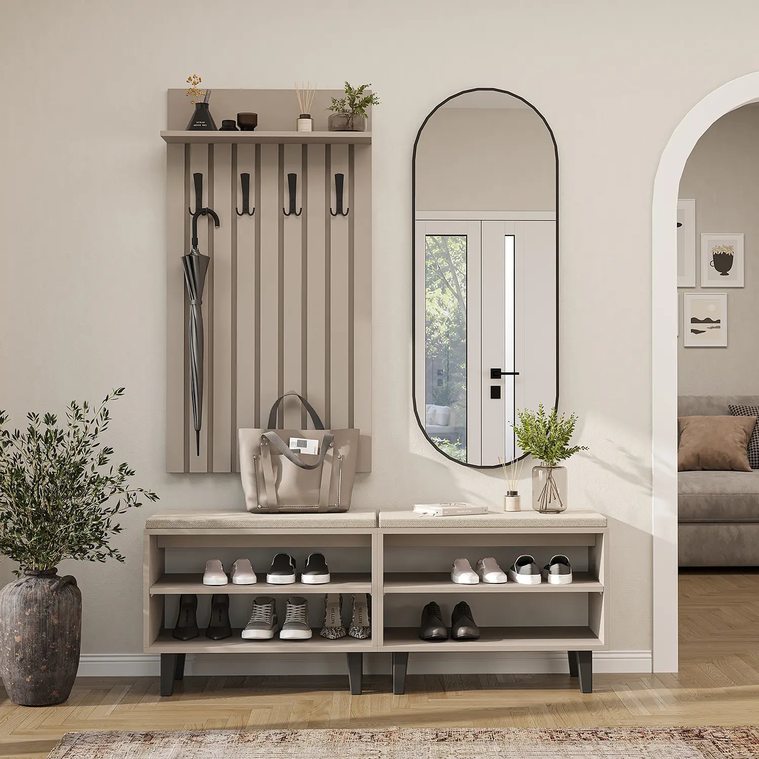 Nord Kumtaşı Vestiyer Takımı Lambri Askılıklı, Bench, Modüler, Oval Aynalı Portmanto Takım ön