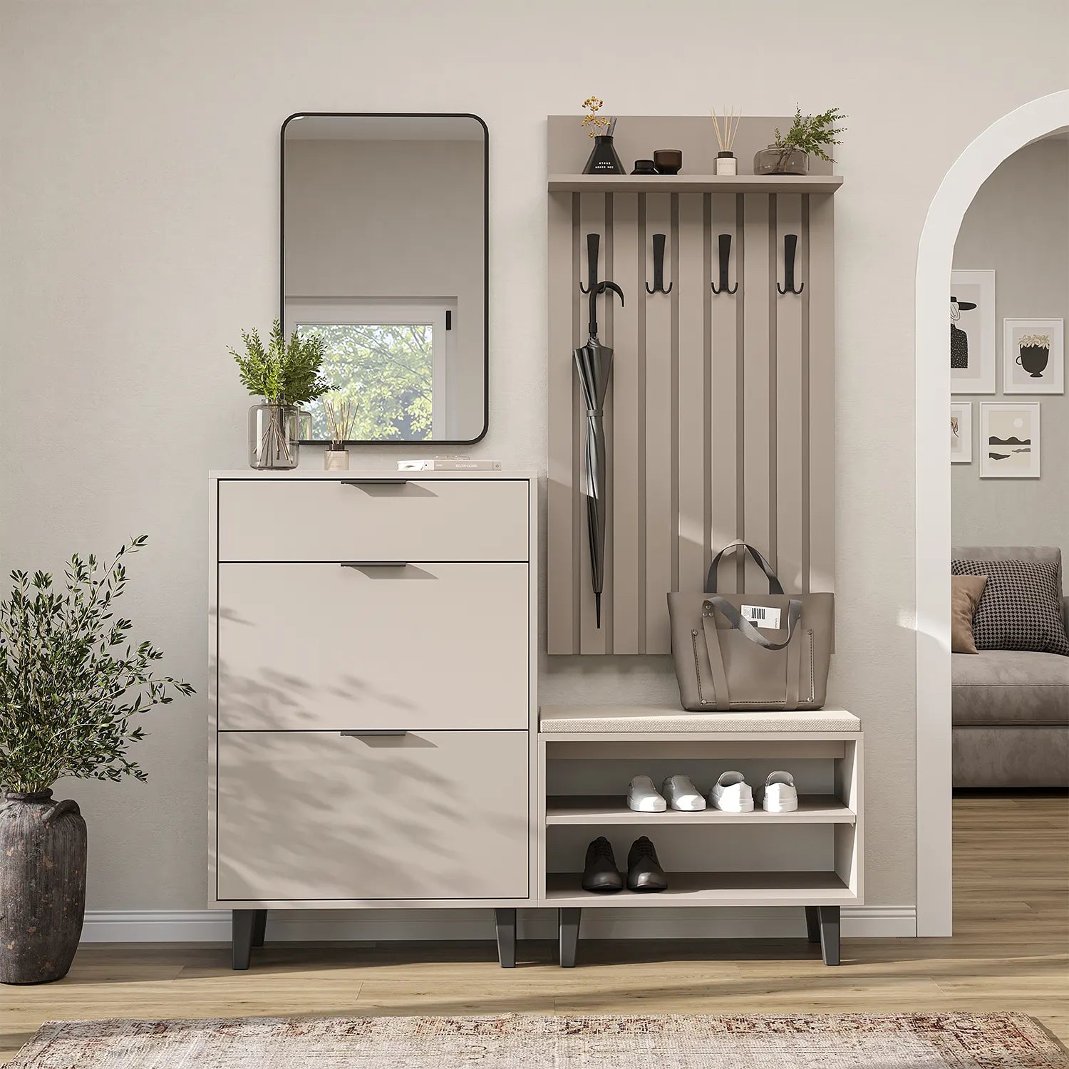 Roomart Nord kumtaşı lambri askılıklı kapaksız çekmeceli benchli ve aynalı modüler vestiyer takımı,
Nord ahşap lambri panelli duvara monte duvar askılığı vestiyer,
Oturmalı kapaksız bench ayakkabılık ünitesi antre mobilyası,
Dikdörtgen oval tasarımlı duvara asılabilir portmanto aynası