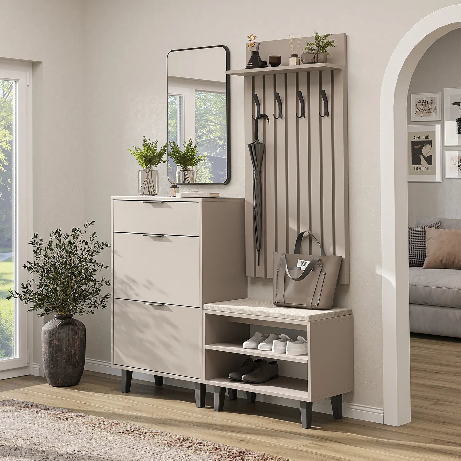 Roomart Nord kumtaşı lambri askılıklı kapaksız çekmeceli benchli ve aynalı modüler vestiyer takımı,
Nord ahşap lambri panelli duvara monte duvar askılığı vestiyer,
Oturmalı kapaksız bench ayakkabılık ünitesi antre mobilyası,
Dikdörtgen oval tasarımlı duvara asılabilir portmanto aynası