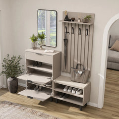 Roomart Nord kumtaşı lambri askılıklı kapaksız çekmeceli benchli ve aynalı modüler vestiyer takımı,
Nord ahşap lambri panelli duvara monte duvar askılığı vestiyer,
Oturmalı kapaksız bench ayakkabılık ünitesi antre mobilyası,
Dikdörtgen oval tasarımlı duvara asılabilir portmanto aynası