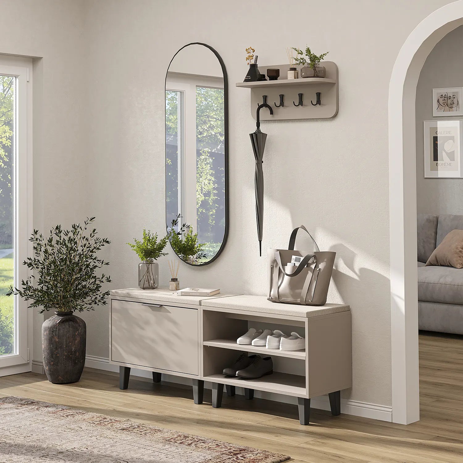 Roomart Nord kumtaşı askılıklı kapaklı kapaksız benchli ve aynalı modüler vestiyer takımı,
Nord ahşap lambri panelli duvara monte duvar askılığı vestiyer,
Oturmalı kapaksız bench ayakkabılık ünitesi antre mobilyası,
Dikdörtgen oval tasarımlı duvara asılabilir portmanto aynası