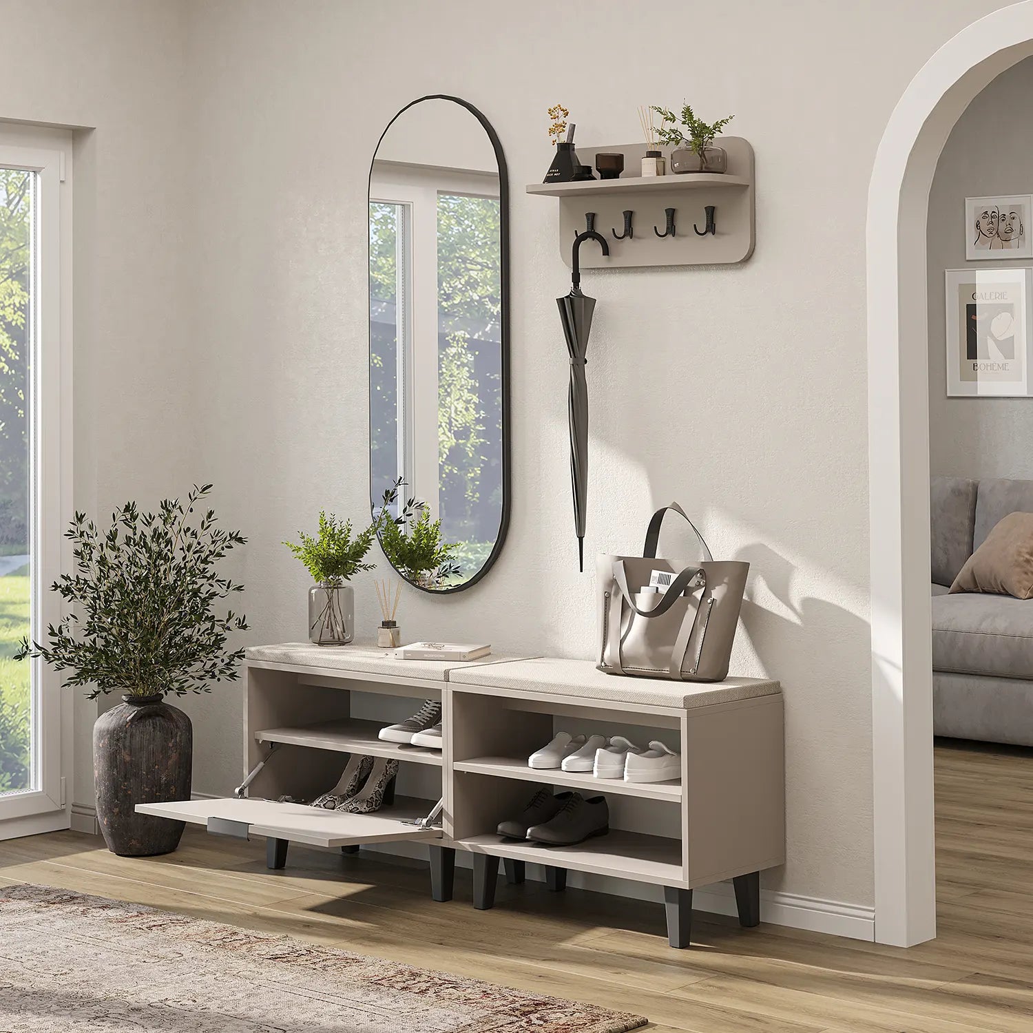 Roomart Nord kumtaşı askılıklı kapaklı kapaksız benchli ve aynalı modüler vestiyer takımı,
Nord ahşap lambri panelli duvara monte duvar askılığı vestiyer,
Oturmalı kapaksız bench ayakkabılık ünitesi antre mobilyası,
Dikdörtgen oval tasarımlı duvara asılabilir portmanto aynası