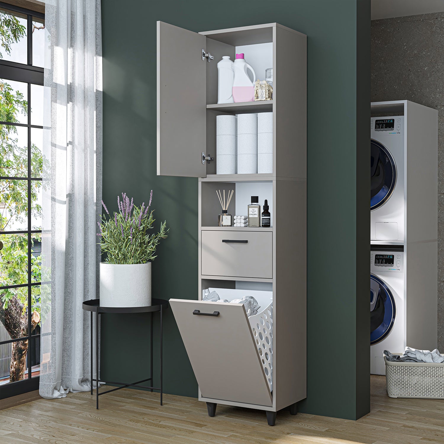 kirli çamaşır sepetli dolap çekmeceli çamaşır sepetli çok amaçlı dolap kumtaşı 45 cm roomart