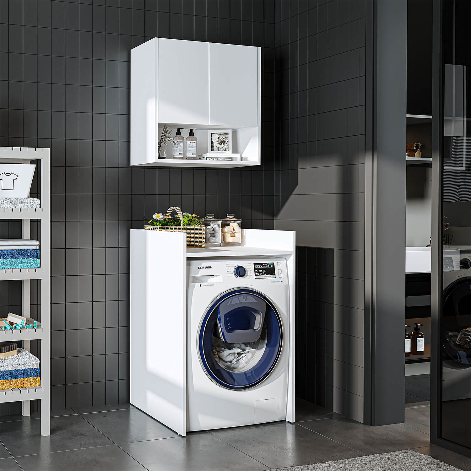 Şık ve işlevsel tasarımıyla bu çamaşır makinesi dolabı, çamaşır alanınıza estetik bir dokunuş katıyor.
Çamaşır makinenizi şık bir şekilde konumlandırabileceğiniz özel bir kabin bulunurken, açık rafları ve ek depolama alanlarıyla deterjan, mandal ve havlularınıza kolay erişim sağlıyor.
Düzeni ve pratikliği bir araya getiren bu tasarım, hem küçük hem de büyük alanlara uyum sağlayarak yaşamınızı kolaylaştırıyor. Estetik ve fonksiyonelliği buluşturan yapısıyla çamaşır yıkama sürecini daha keyifli hale getiriyor