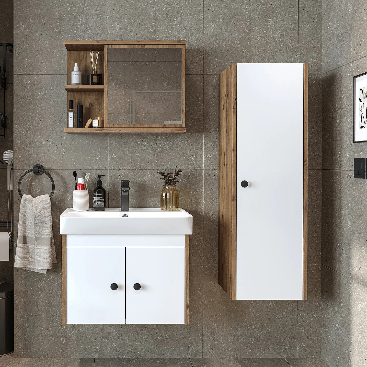 Modern banyolar için tasarlanan bu şık banyo dolabı seti, hem estetik hem de işlevsellik arayanlar için ideal bir çözüm sunar.
Minimalist tasarımı mekânın ferahlığını artırırken, kompakt yapısı küçük alanların en verimli şekilde kullanılmasını sağlar. 6 farklı renk seçeneği bulunur.