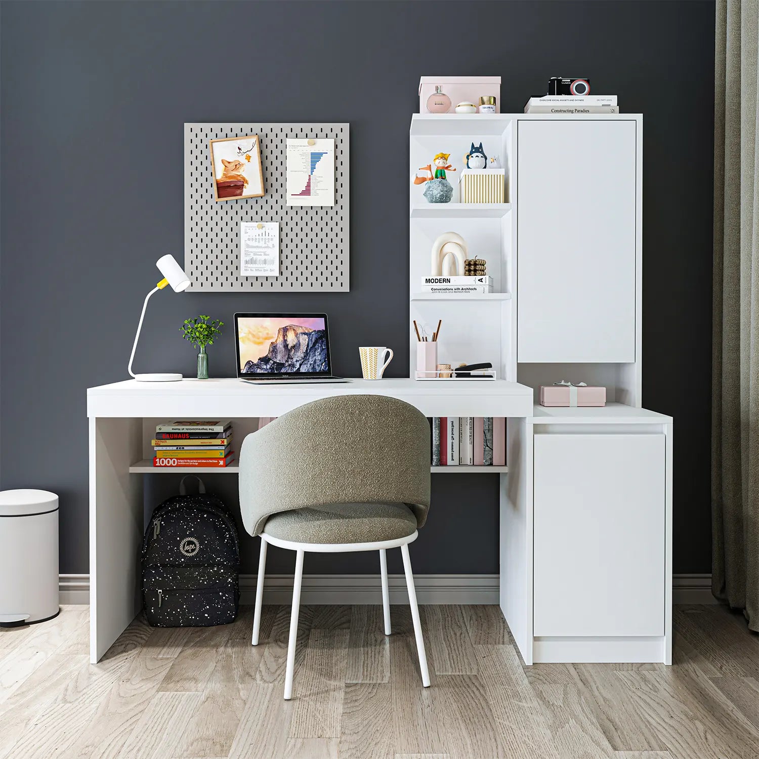 nora kitaplıklı raflı çalışma masası beyaz