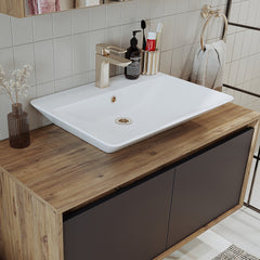 banyo dolabı roomart lavabolu atlantic seri 100 cm ahşap antrasit aynalı kapaklı banyo dolabı takımı