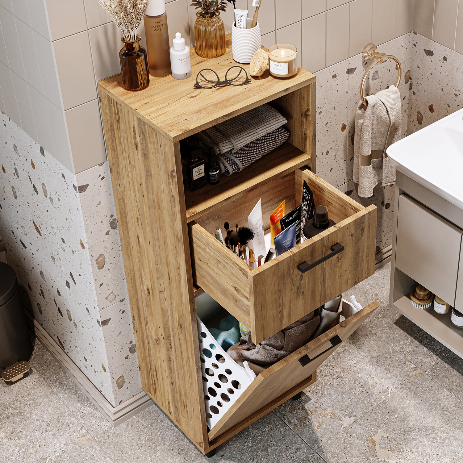 Kirli Çamaşır Sepetli Çekmeceli Banyo Dolabı Çok Amaçlı Dolap - Rim