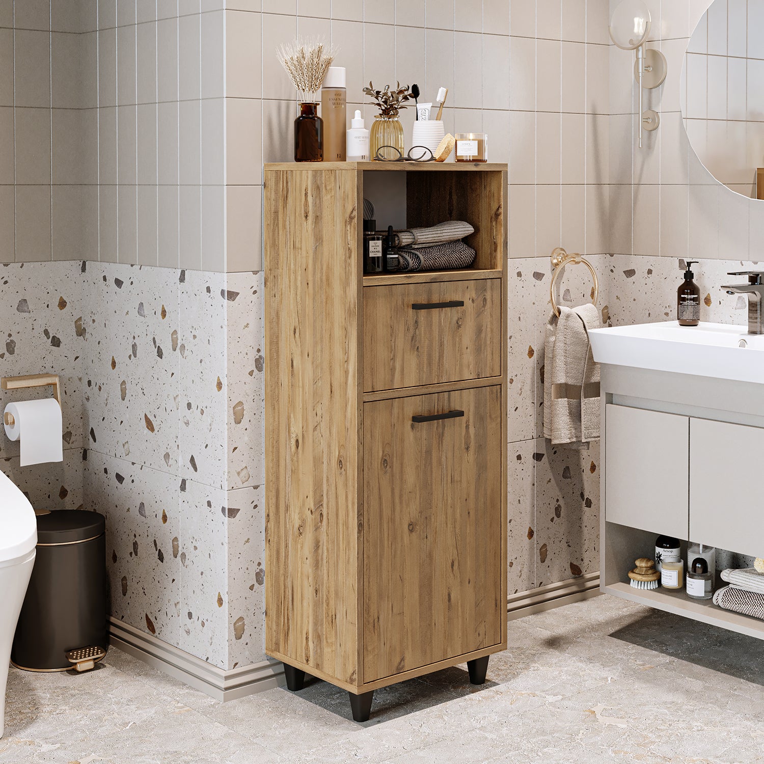 Kirli Çamaşır Sepetli Çekmeceli Banyo Dolabı Çok Amaçlı Dolap - Rim