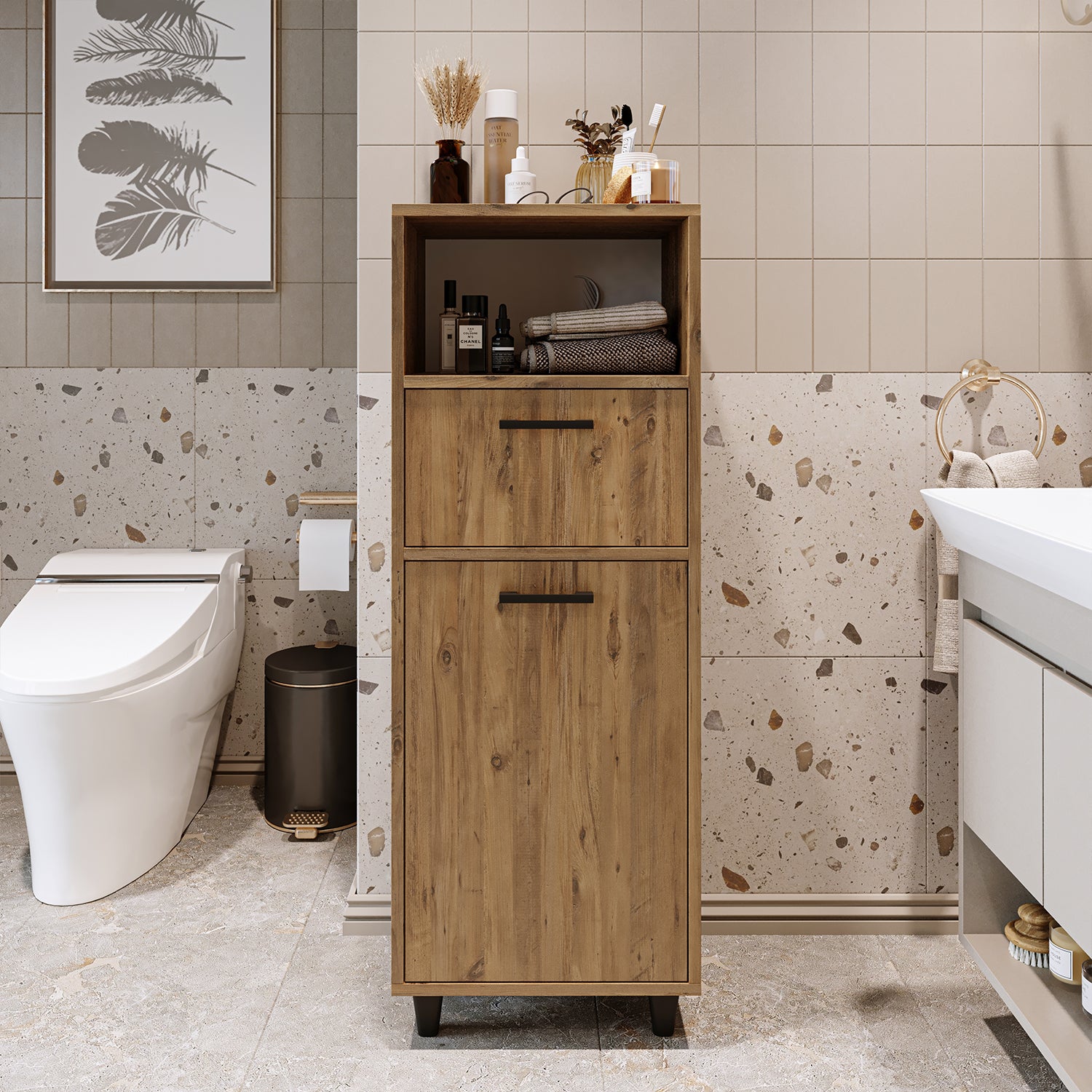 Kirli Çamaşır Sepetli Çekmeceli Banyo Dolabı Çok Amaçlı Dolap - Rim