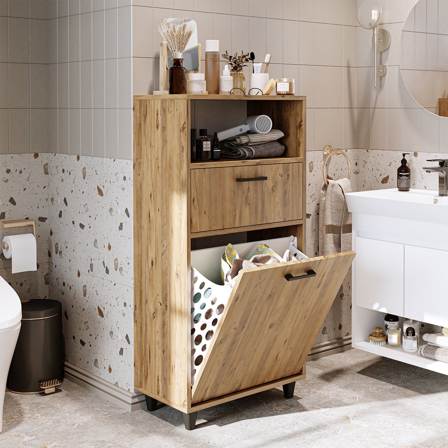 Kirli Çamaşır Sepetli Çekmeceli Banyo Dolabı Çok Amaçlı Dolap - Rim