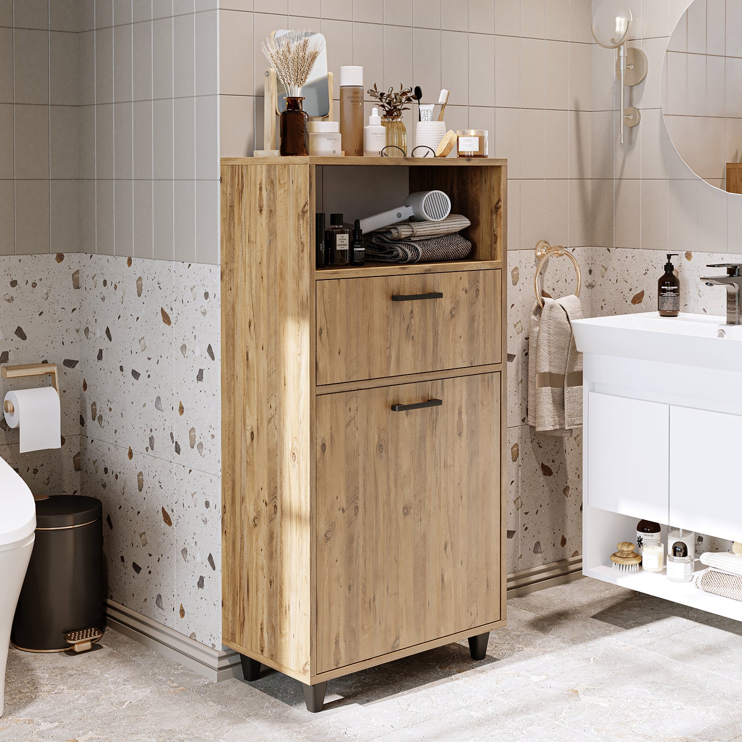 Kirli Çamaşır Sepetli Çekmeceli Banyo Dolabı Çok Amaçlı Dolap - Rim