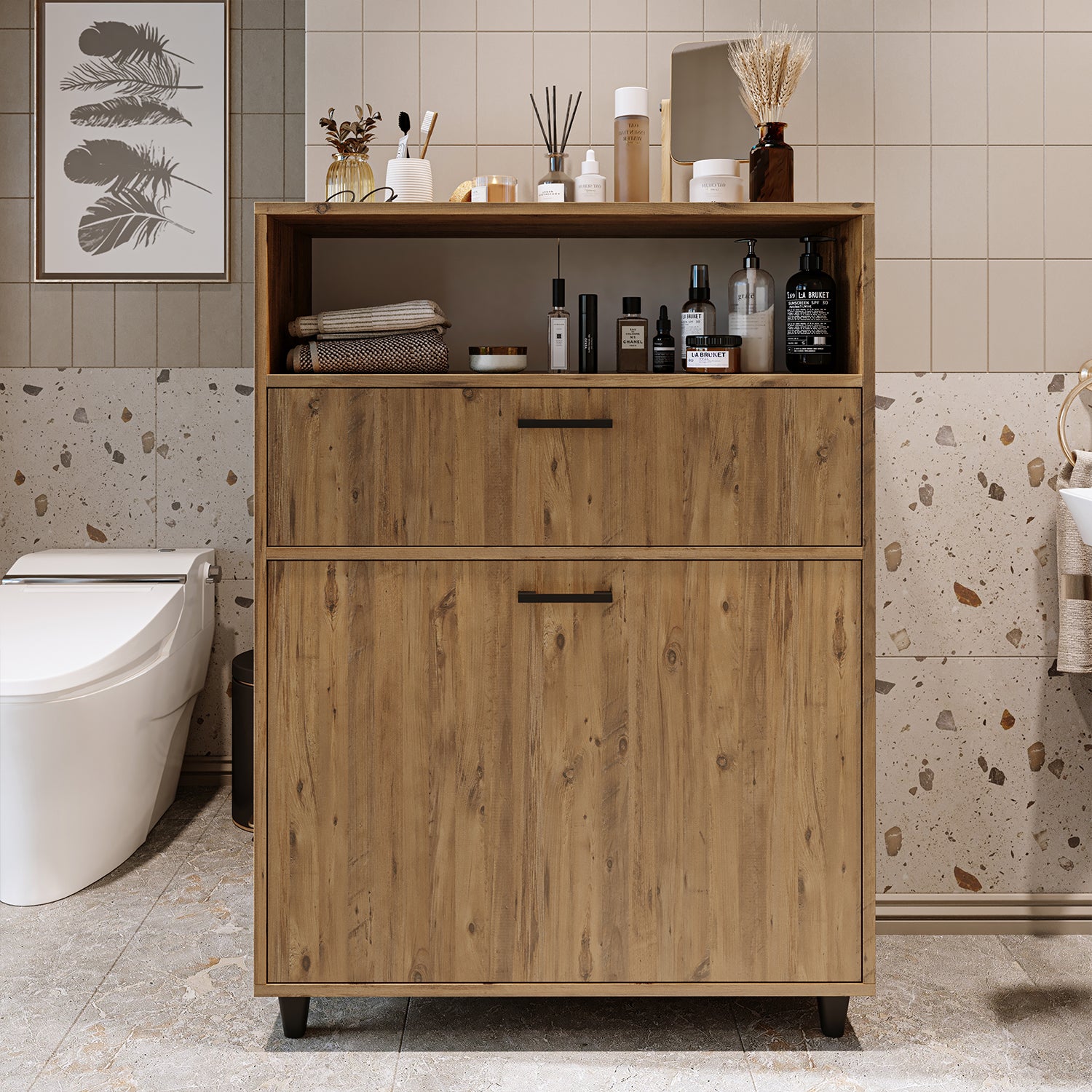 Kirli Çamaşır Sepetli Çekmeceli Banyo Dolabı Çok Amaçlı Dolap - Rim
