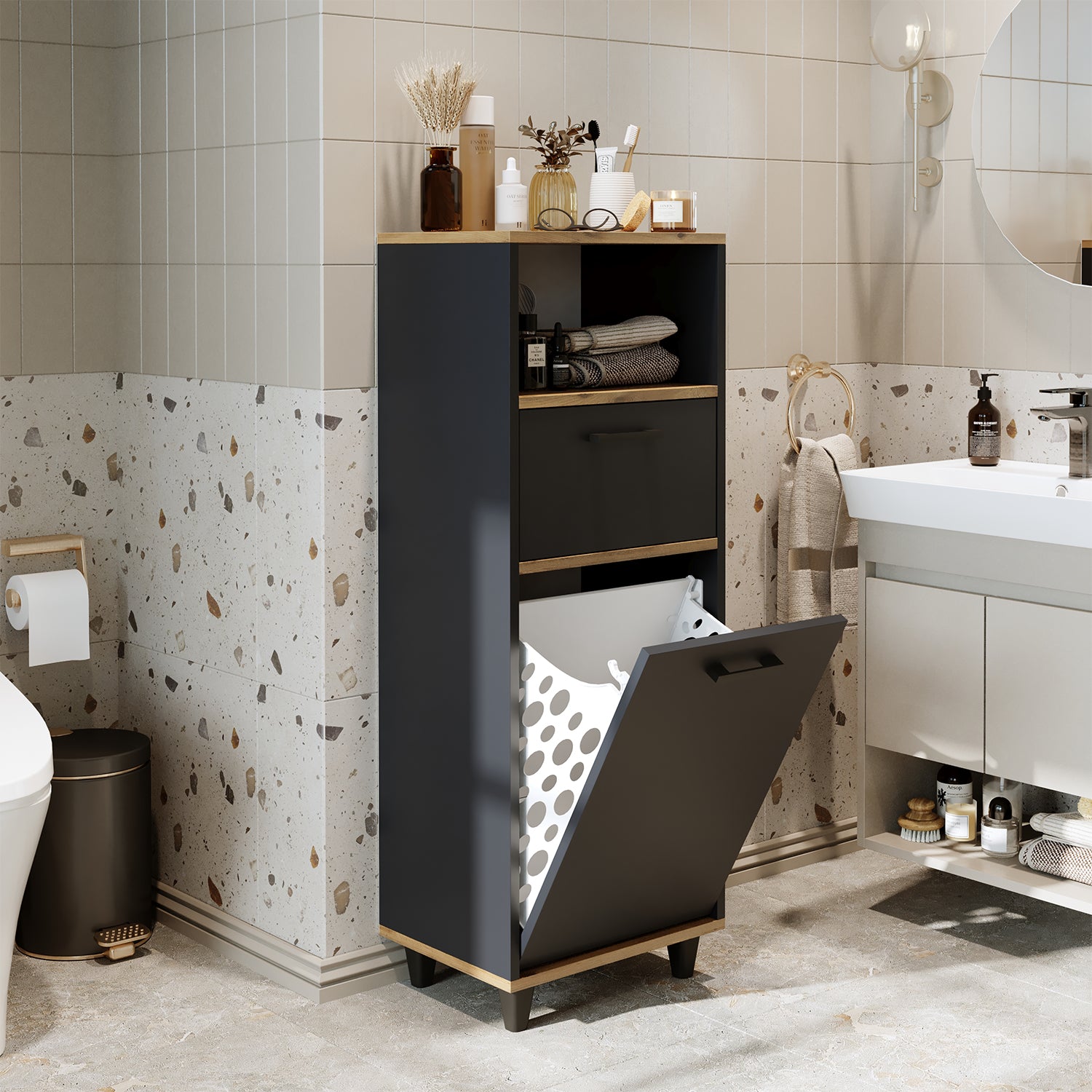Kirli Çamaşır Sepetli Çekmeceli Banyo Dolabı Çok Amaçlı Dolap - Rim