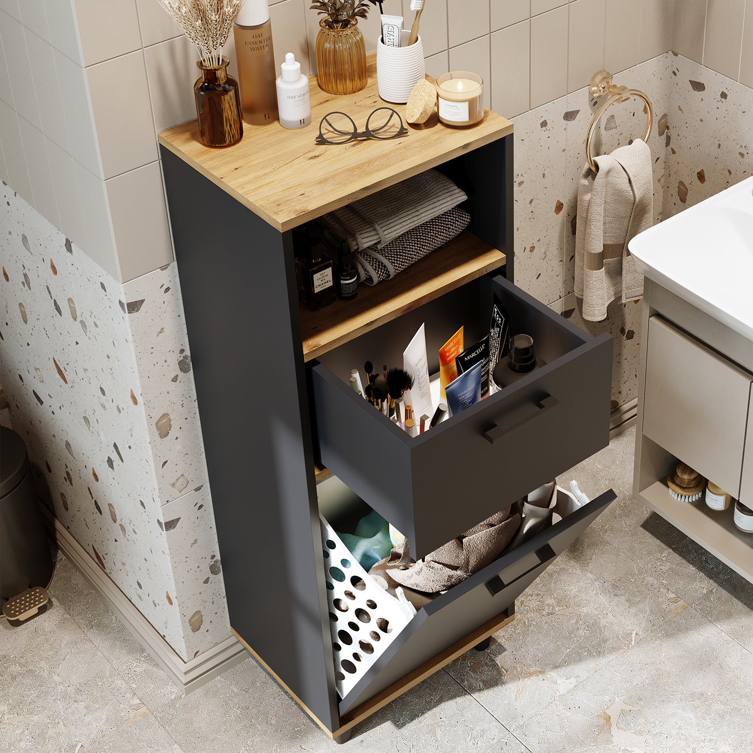 Kirli Çamaşır Sepetli Çekmeceli Banyo Dolabı Çok Amaçlı Dolap - Rim