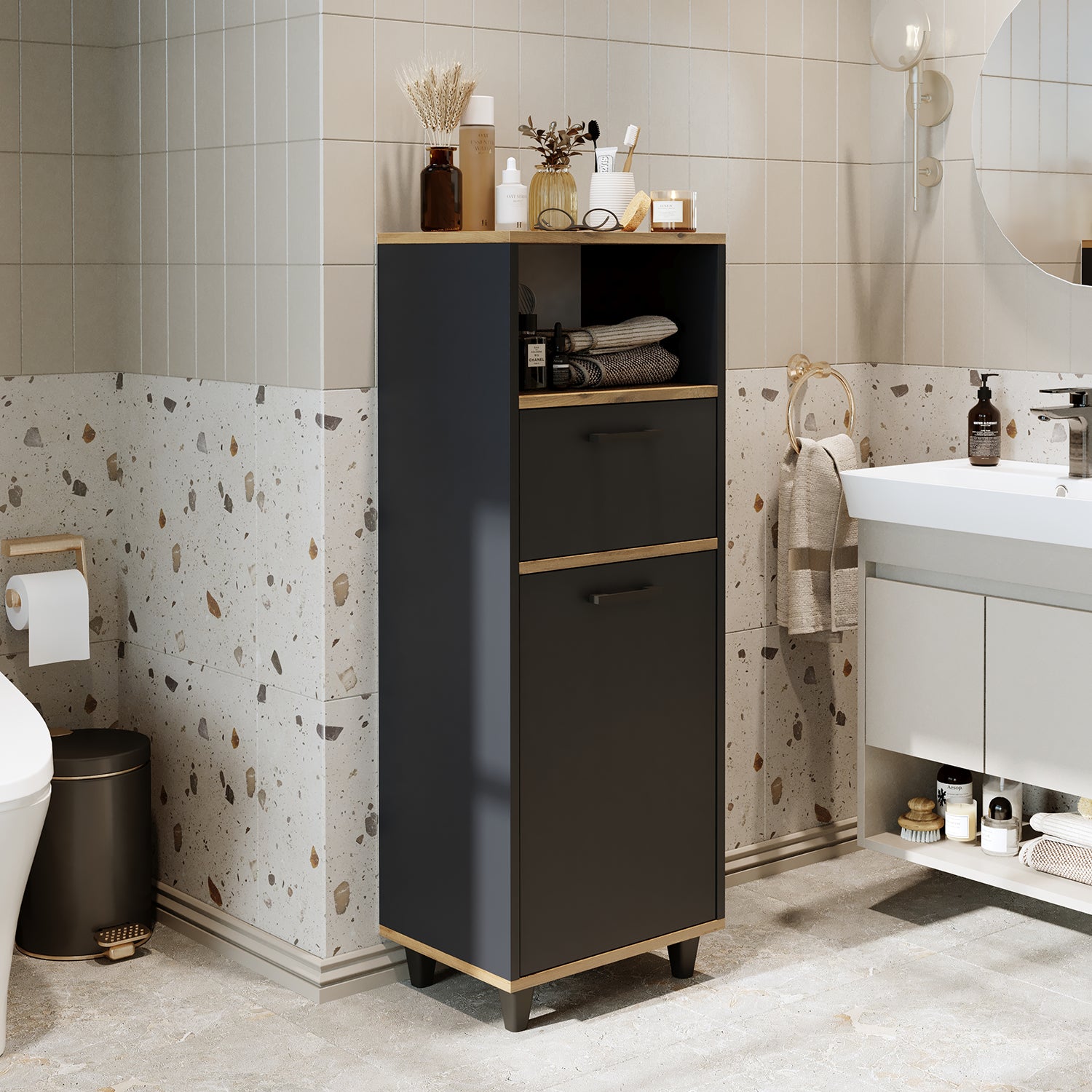 Kirli Çamaşır Sepetli Çekmeceli Banyo Dolabı Çok Amaçlı Dolap - Rim