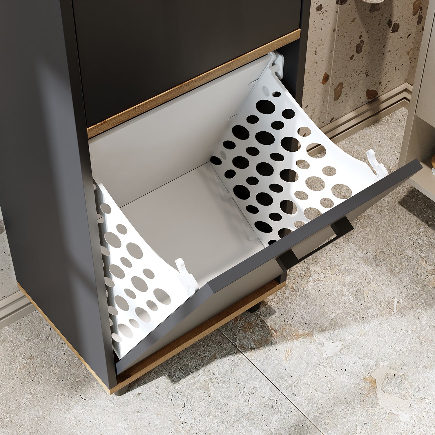Kirli Çamaşır Sepetli Çekmeceli Banyo Dolabı Çok Amaçlı Dolap - Rim