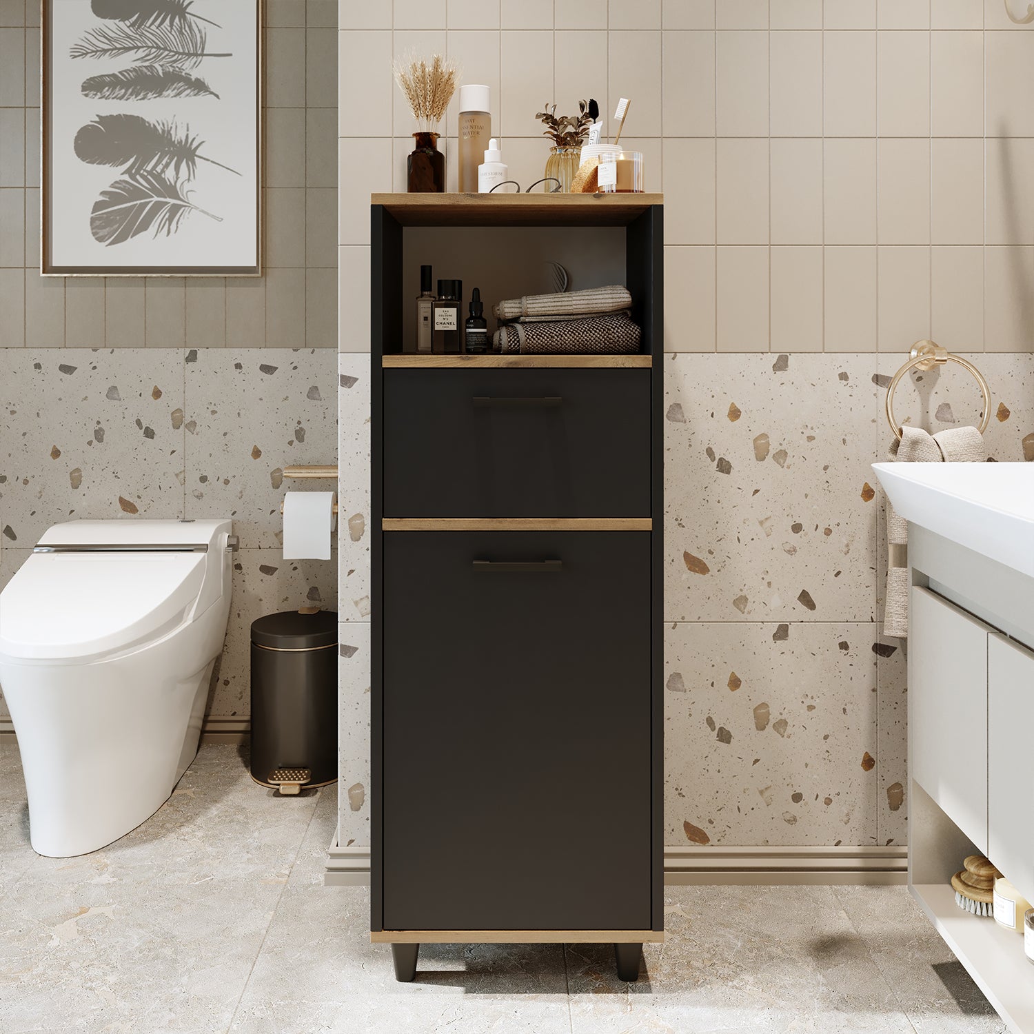 Kirli Çamaşır Sepetli Çekmeceli Banyo Dolabı Çok Amaçlı Dolap - Rim