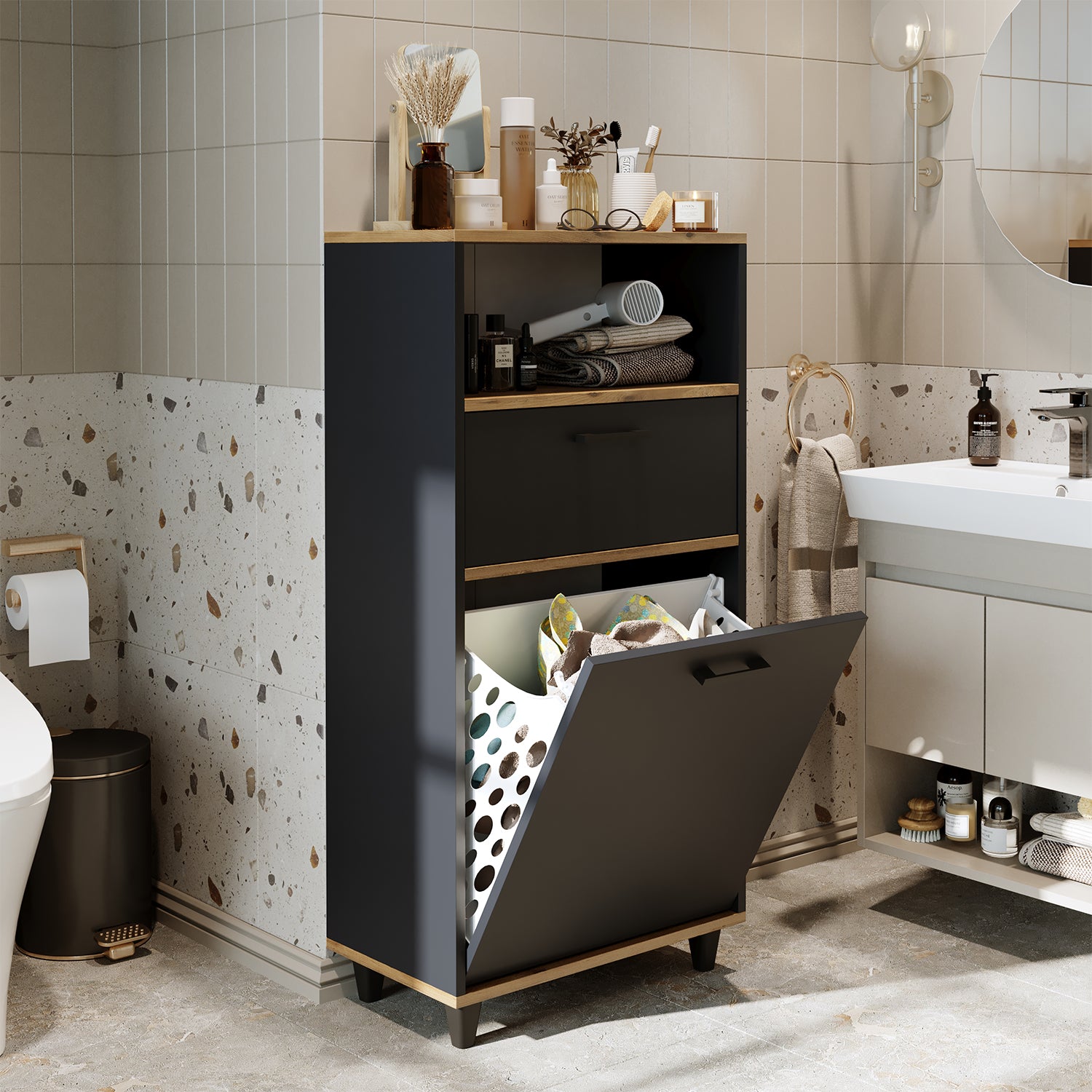 Kirli Çamaşır Sepetli Çekmeceli Banyo Dolabı Çok Amaçlı Dolap - Rim