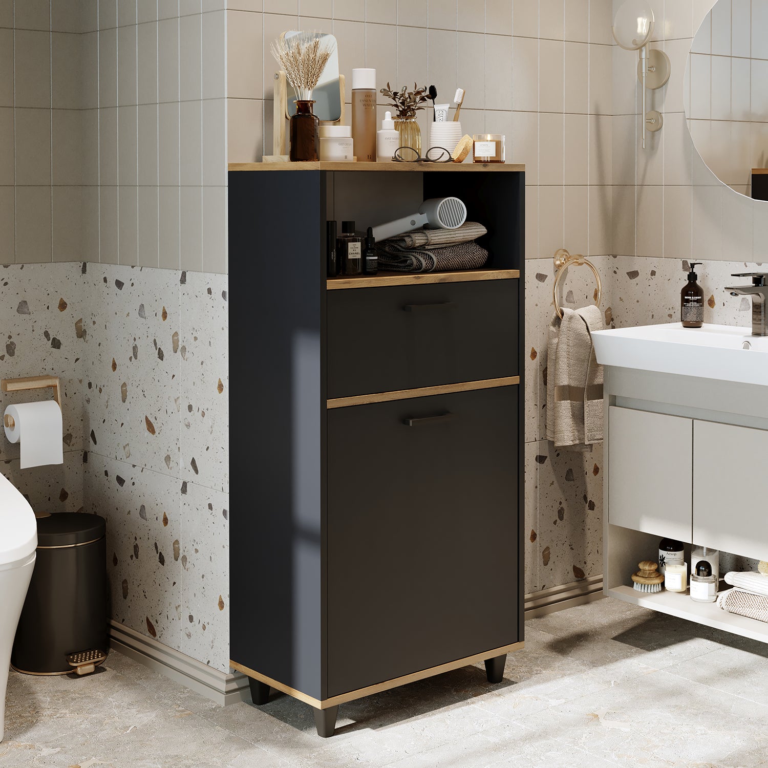 Kirli Çamaşır Sepetli Çekmeceli Banyo Dolabı Çok Amaçlı Dolap - Rim