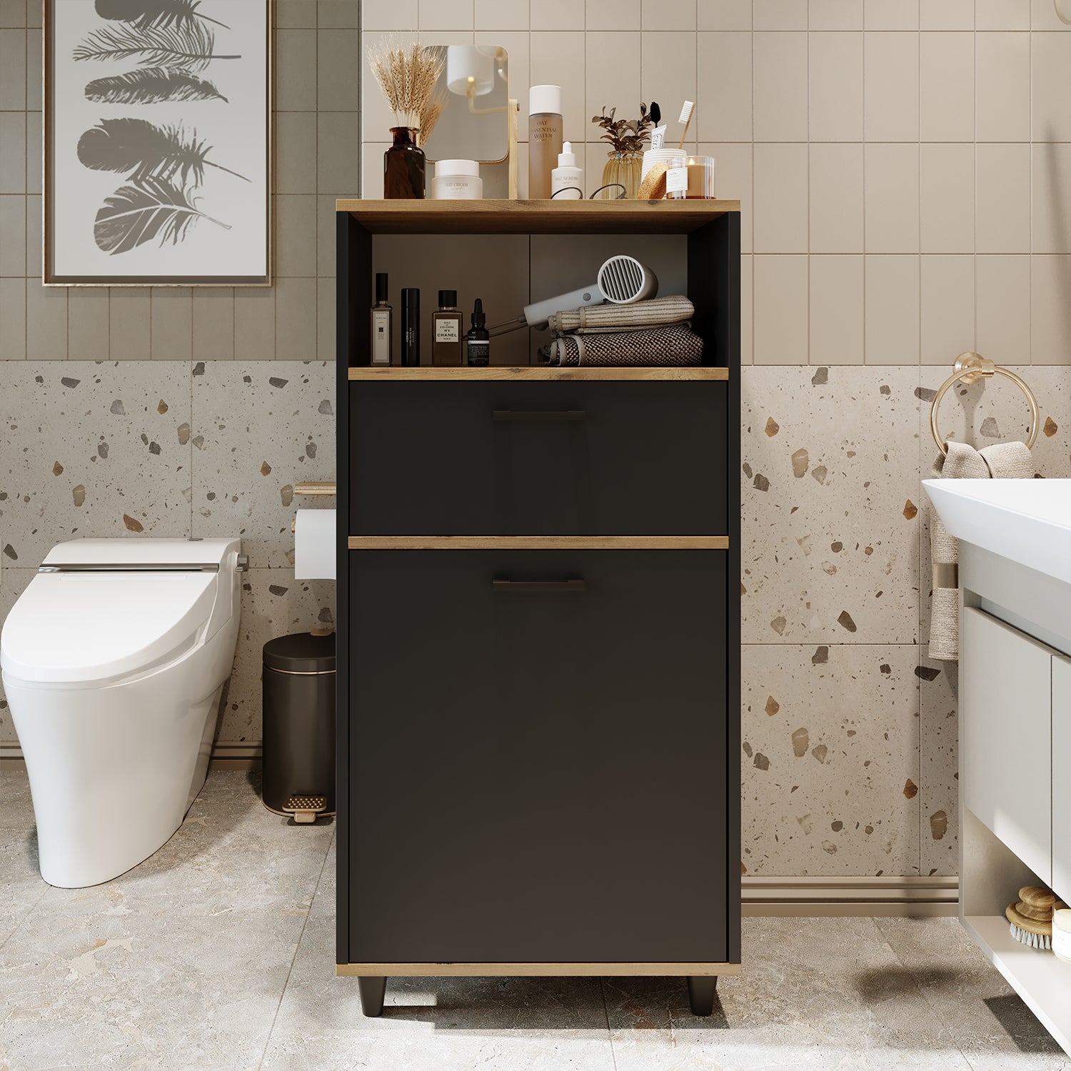 Kirli Çamaşır Sepetli Çekmeceli Banyo Dolabı Çok Amaçlı Dolap - Rim