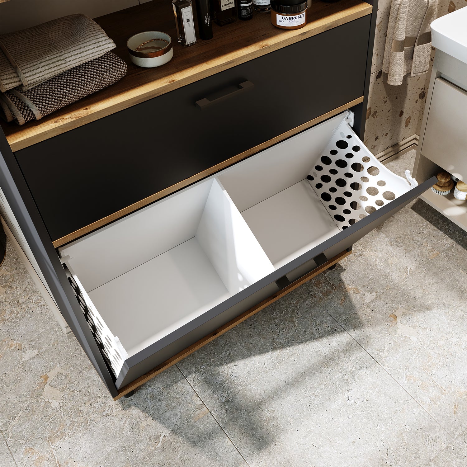 Kirli Çamaşır Sepetli Çekmeceli Banyo Dolabı Çok Amaçlı Dolap - Rim