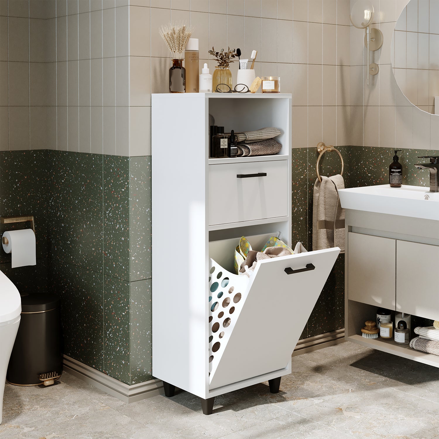 Kirli Çamaşır Sepetli Çekmeceli Banyo Dolabı Çok Amaçlı Dolap - Rim