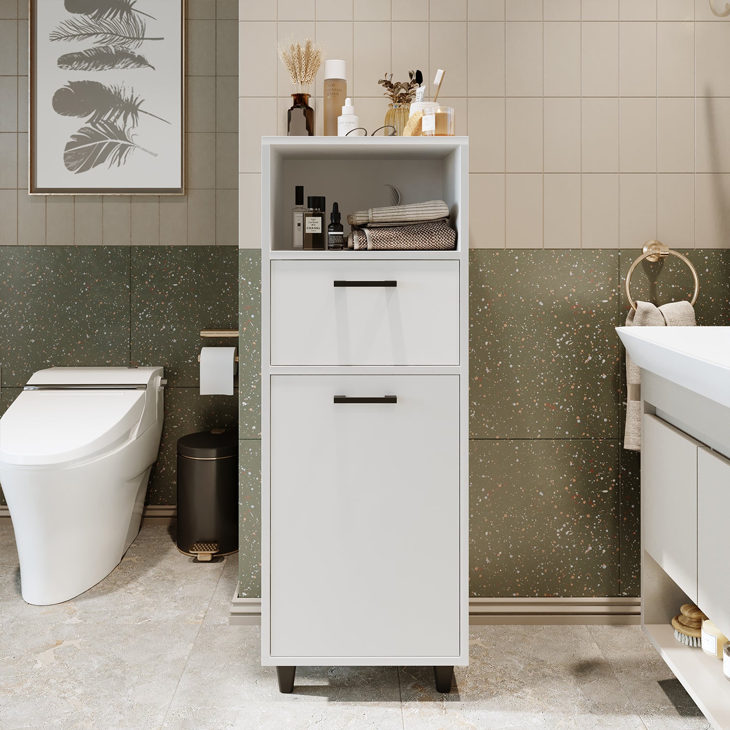 Kirli Çamaşır Sepetli Çekmeceli Banyo Dolabı Çok Amaçlı Dolap 45 cm - Rim