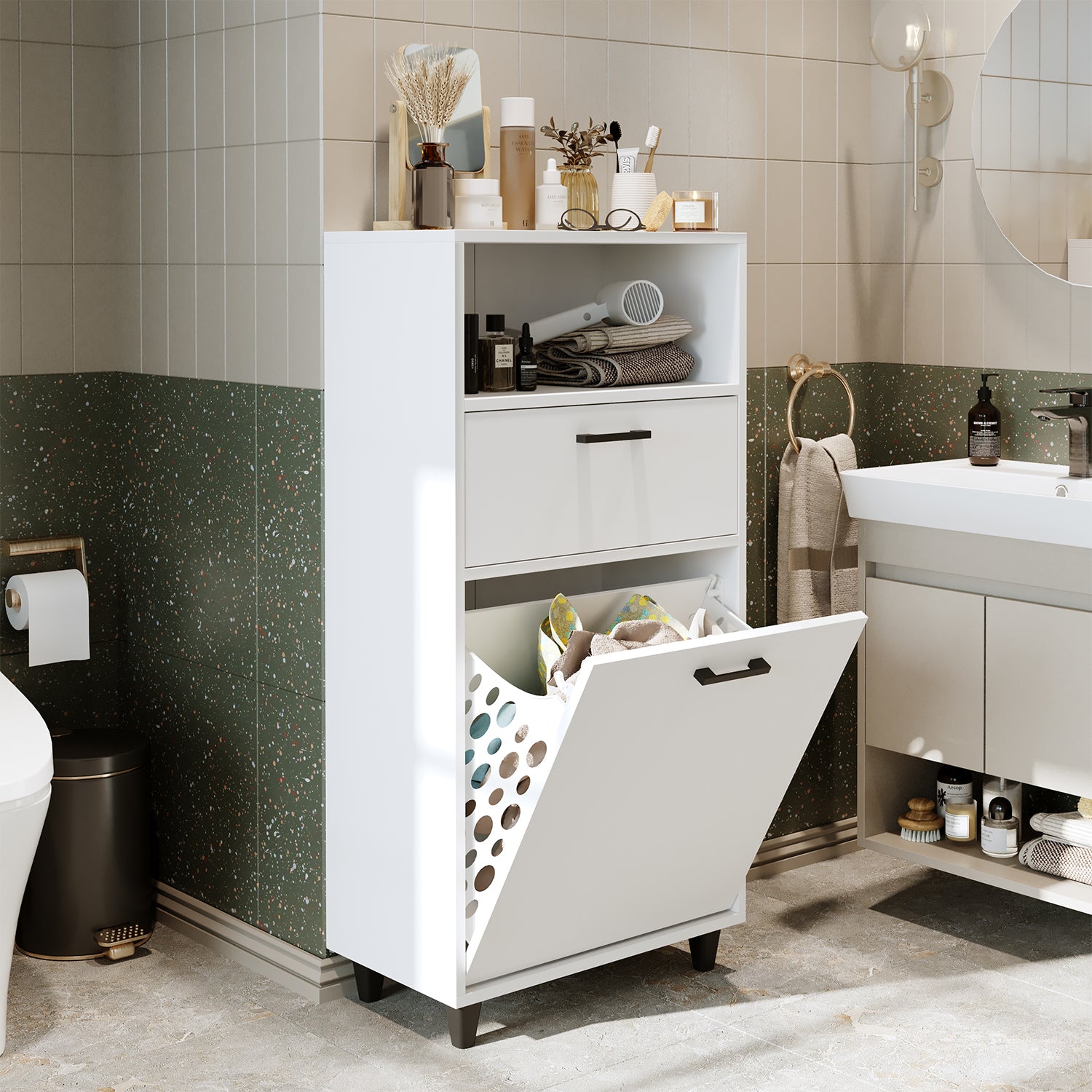 Kirli Çamaşır Sepetli Çekmeceli Banyo Dolabı Çok Amaçlı Dolap 60 cm - Rim