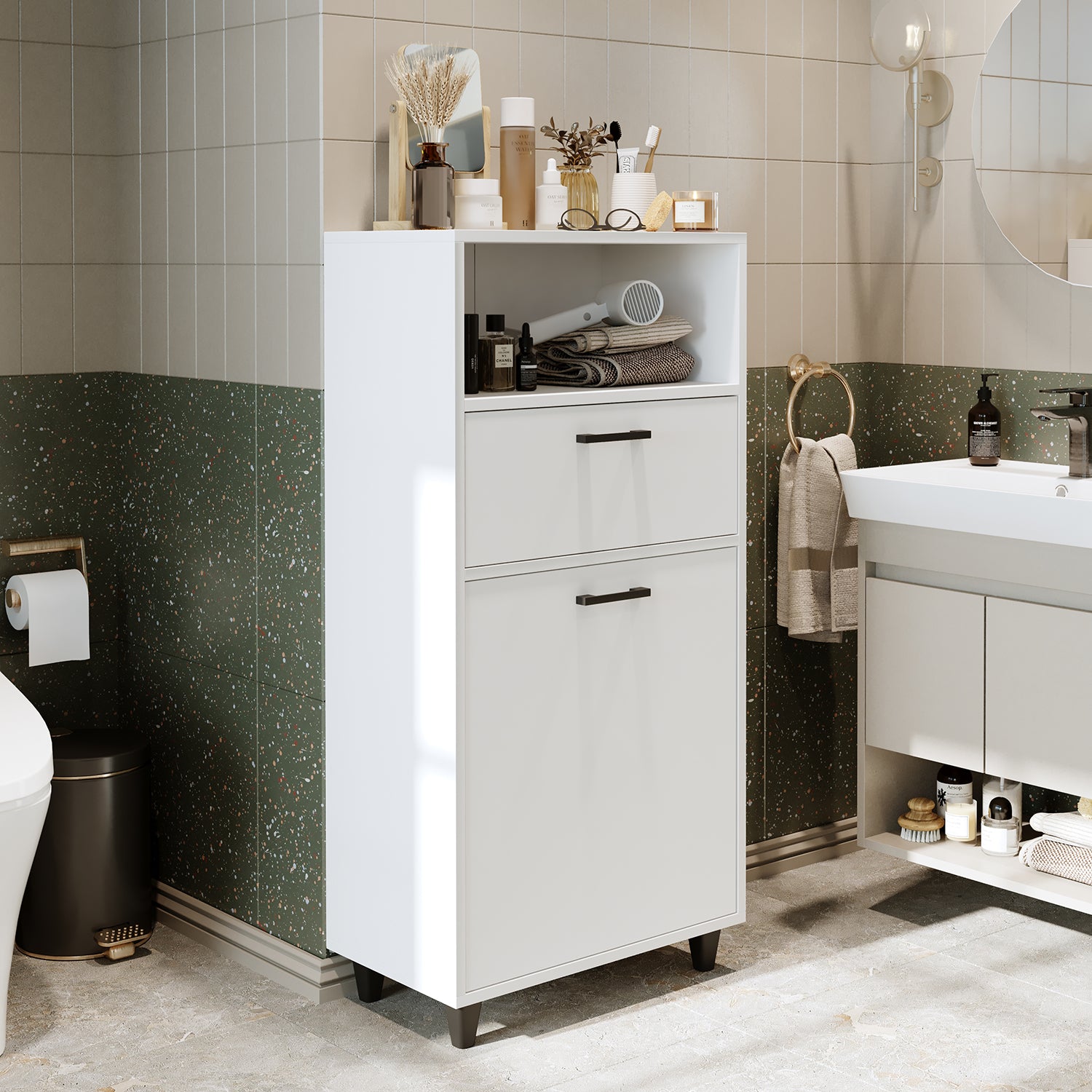 Kirli Çamaşır Sepetli Çekmeceli Banyo Dolabı Çok Amaçlı Dolap 60 cm - Rim