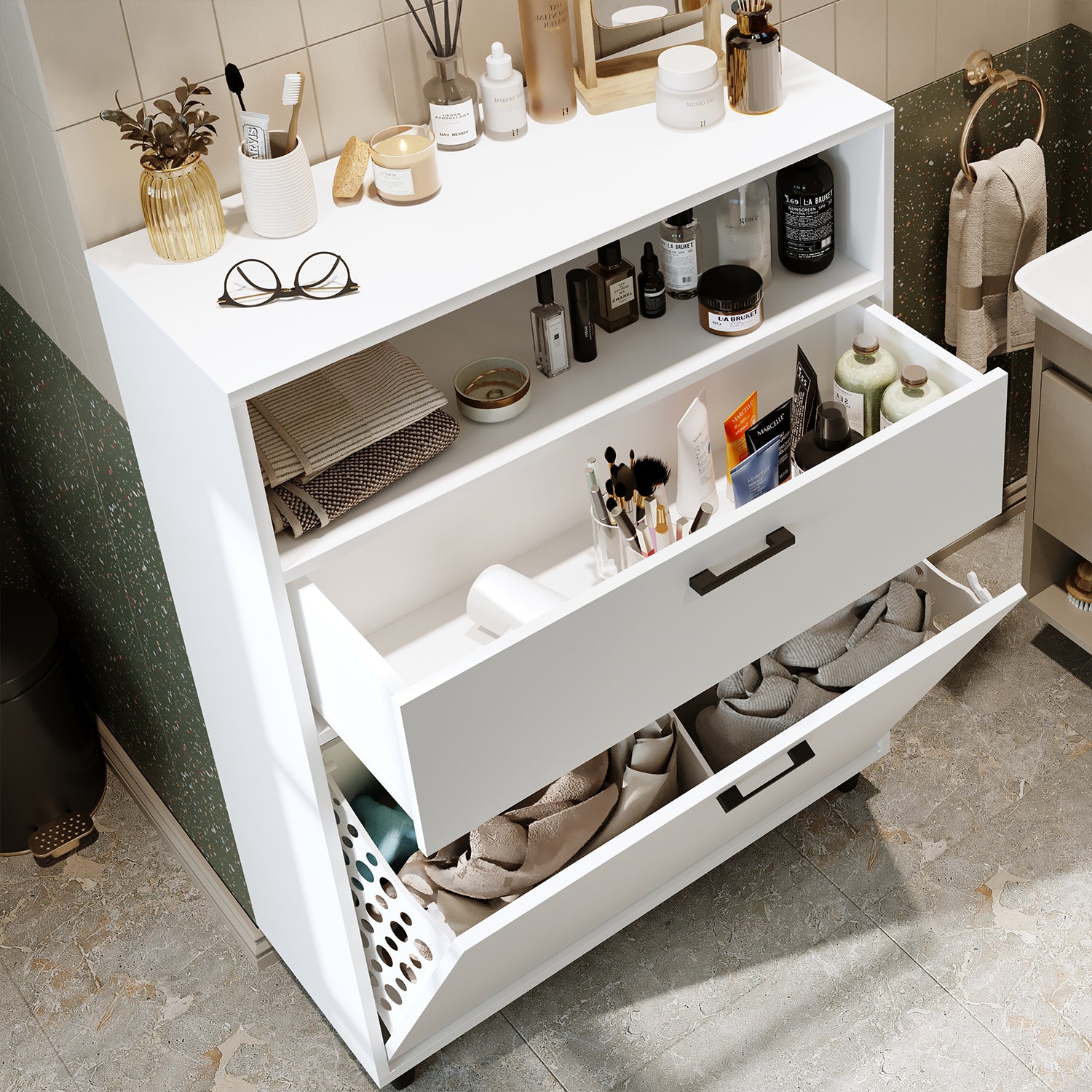 Kirli Çamaşır Sepetli Çekmeceli Banyo Dolabı Çok Amaçlı Dolap 90 cm - Rim