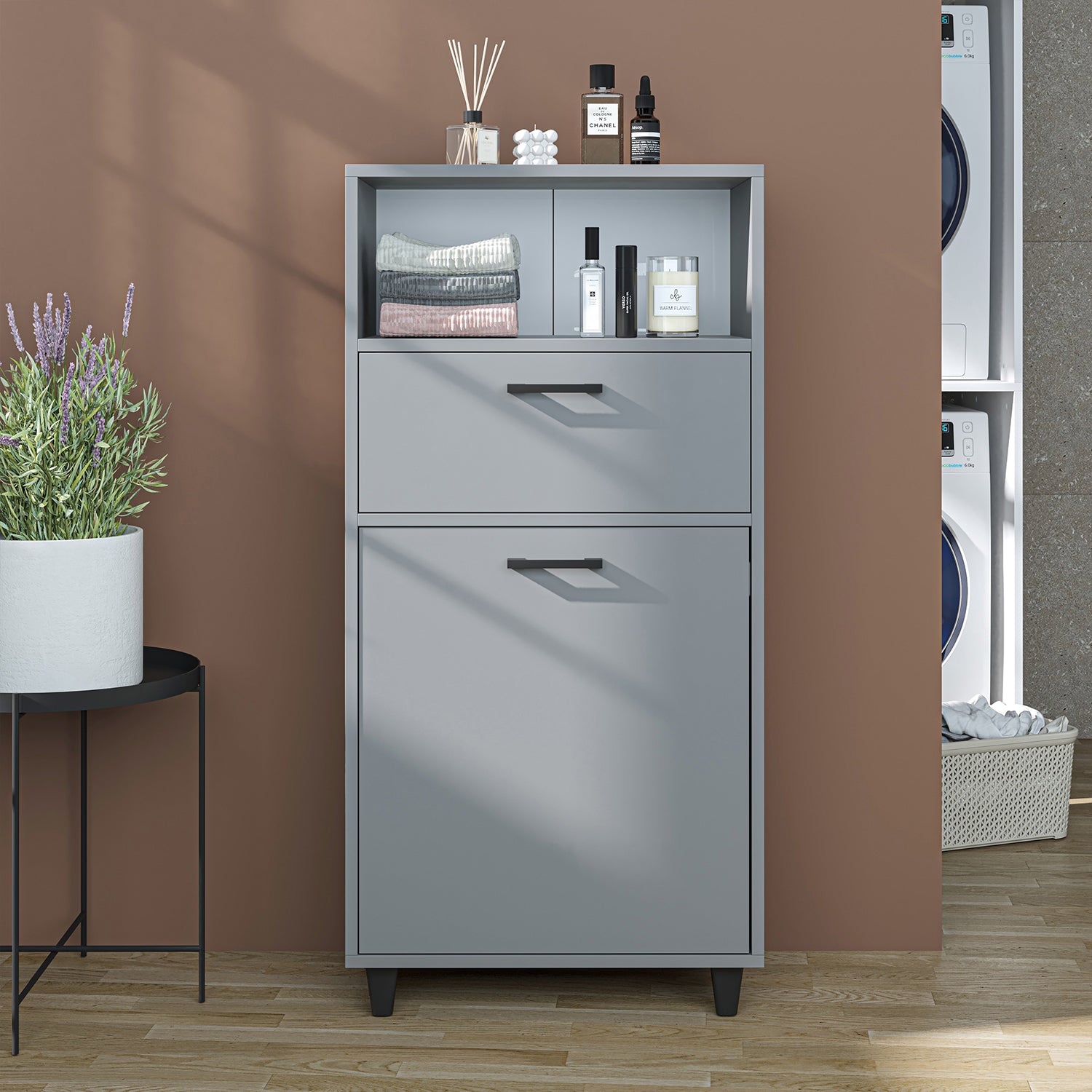 Kirli Çamaşır Sepetli Çekmeceli Banyo Dolabı Çok Amaçlı Dolap külgri 60 cm - Rim