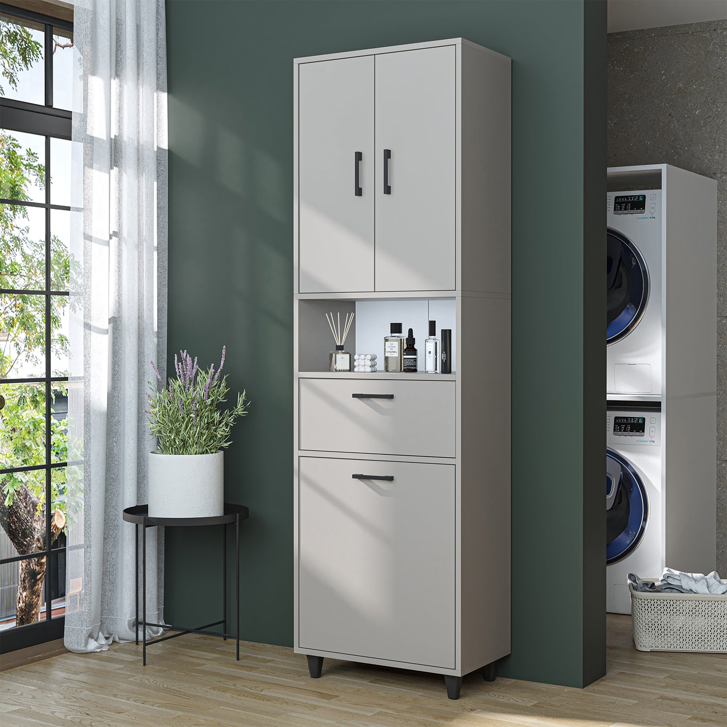 kirli çamaşır sepetli dolap çekmeceli çamaşır sepetli çok amaçlı dolap kumtaşı 60 cm roomart