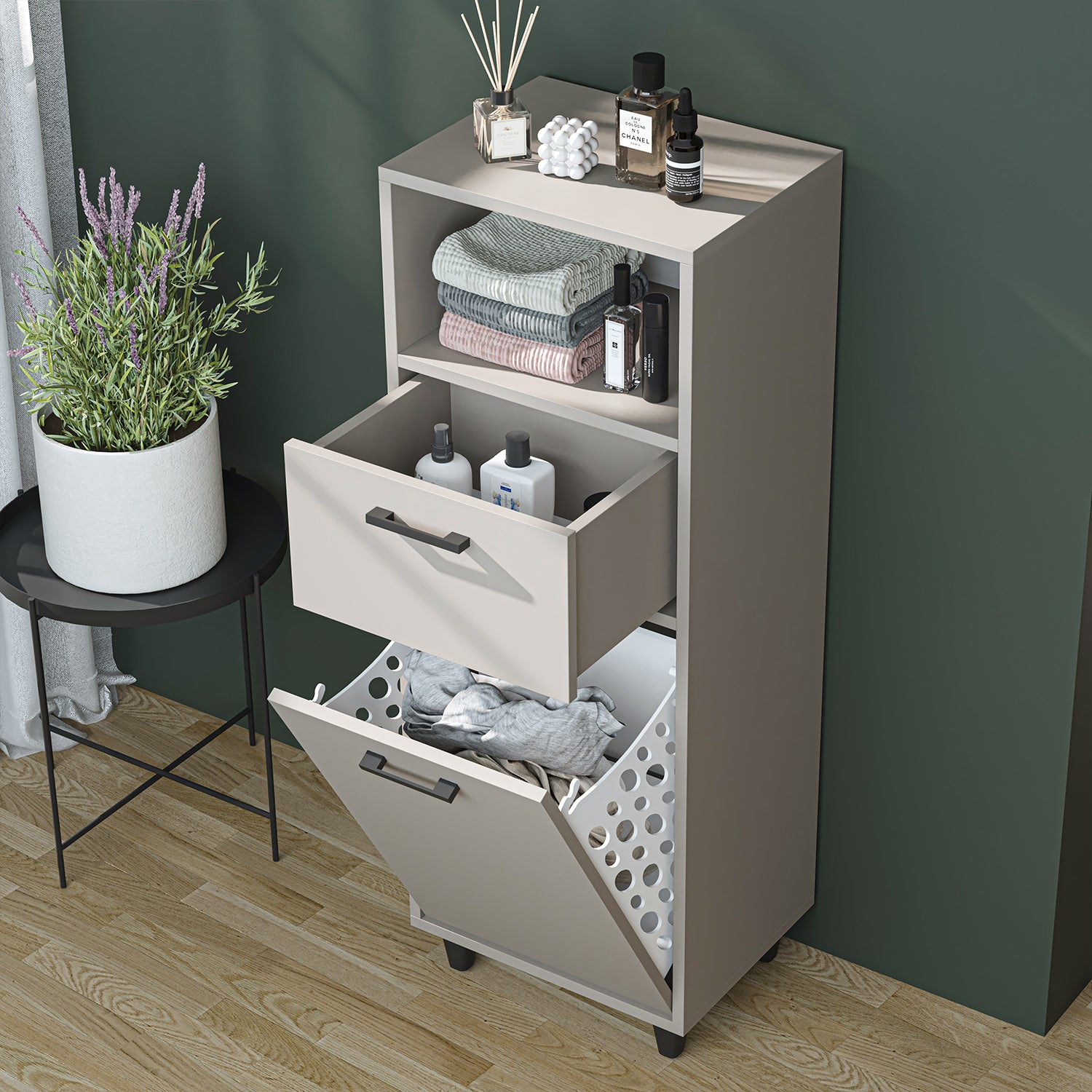Kirli Çamaşır Sepetli Çekmeceli Banyo Dolabı Çok Amaçlı Dolap kumtaşı 45cm - Rim