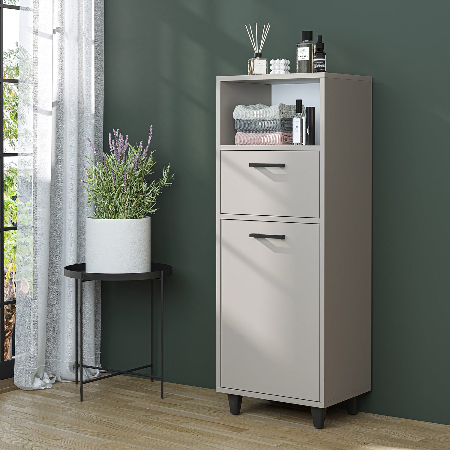 Kirli Çamaşır Sepetli Çekmeceli Banyo Dolabı Çok Amaçlı Dolap kumtaşı 45cm - Rim