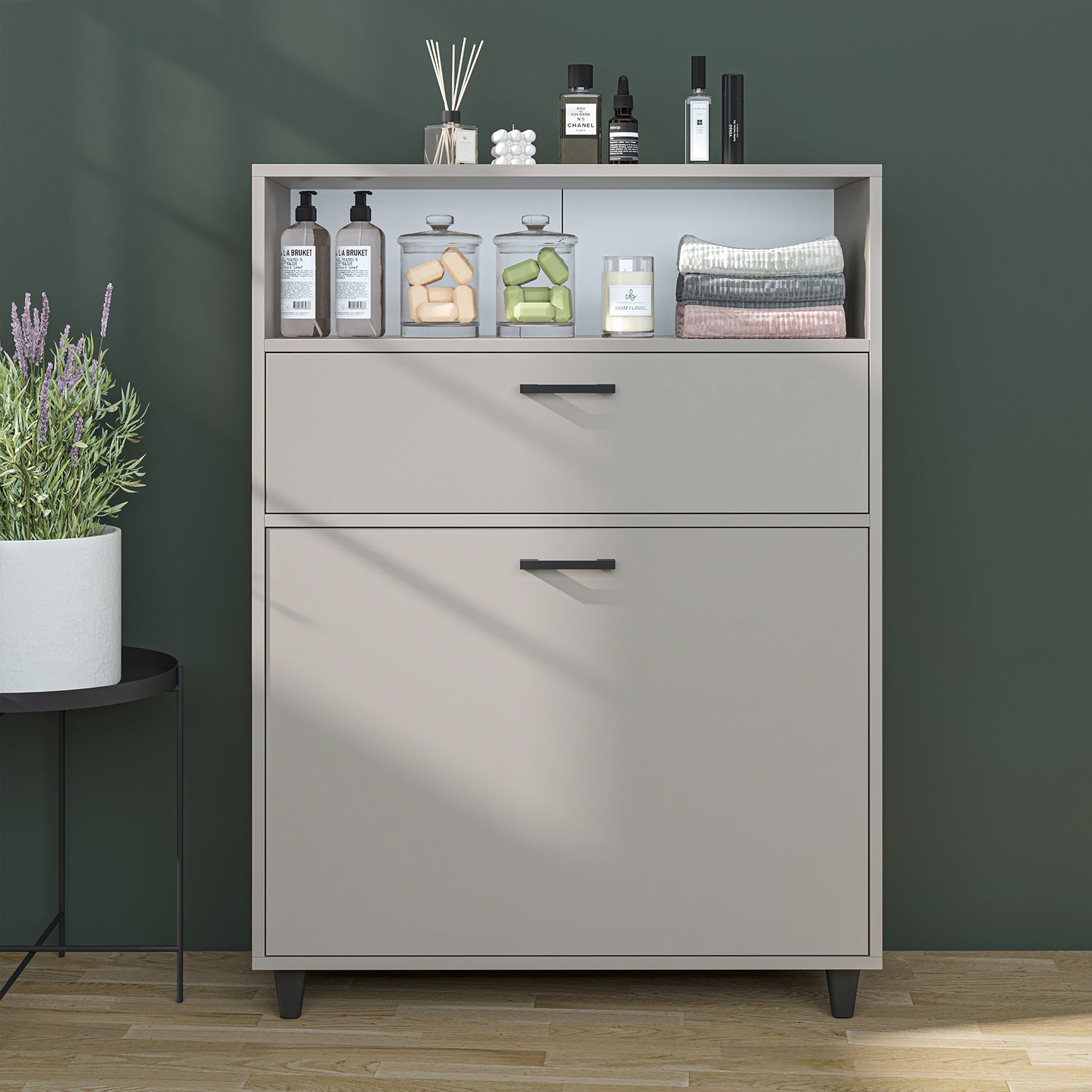 Kirli Çamaşır Sepetli Çekmeceli Banyo Dolabı Çok Amaçlı Dolap kumtaşı 90 cm - Rim