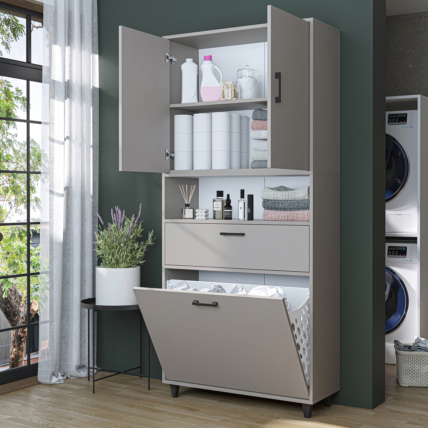 kirli çamaşır sepetli dolap çekmeceli çamaşır sepetli çok amaçlı dolap kumtaşı 90 cm roomart