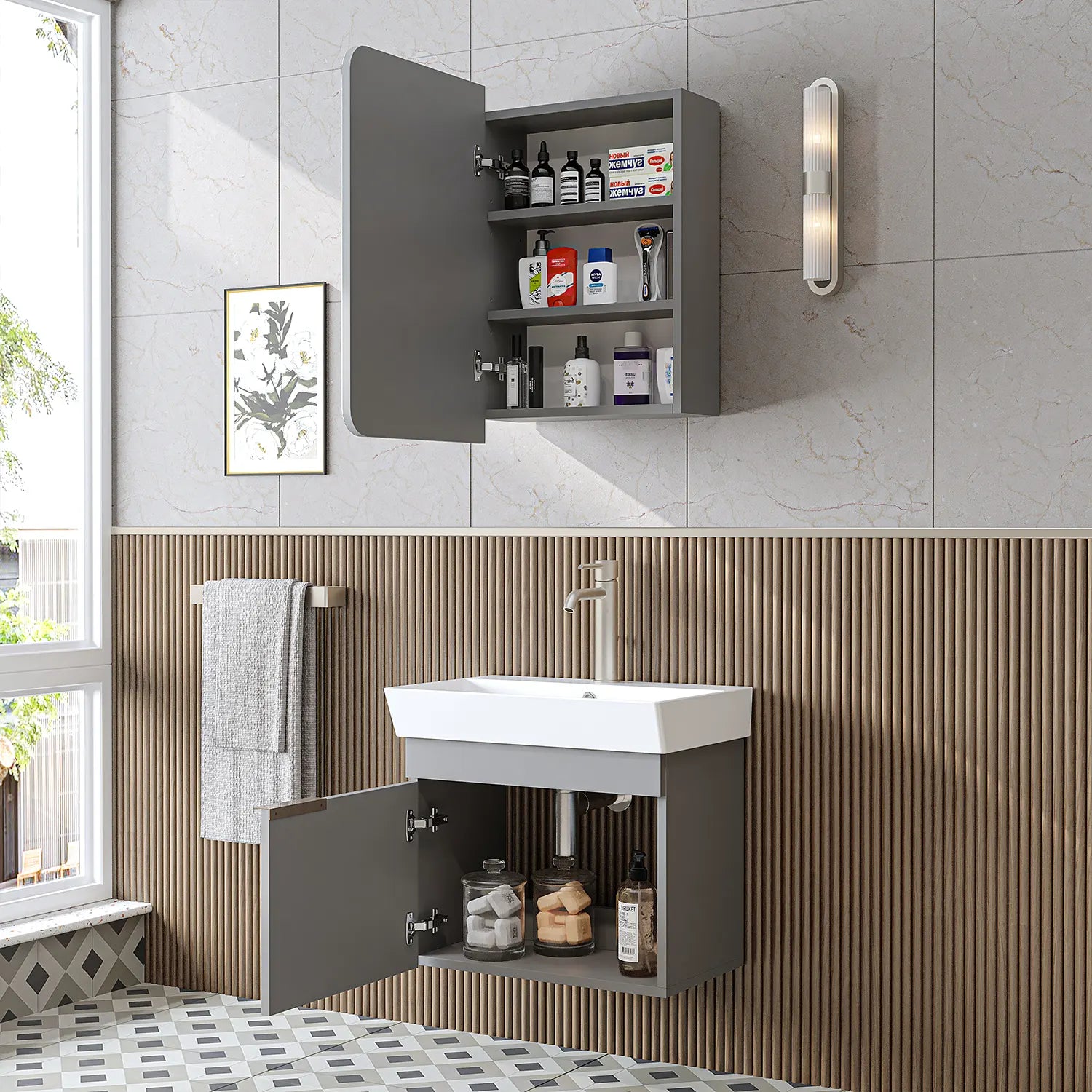 Lavabolu Banyo Dolabı 2li Set - Likya - Roomartbanyo dolabı2928