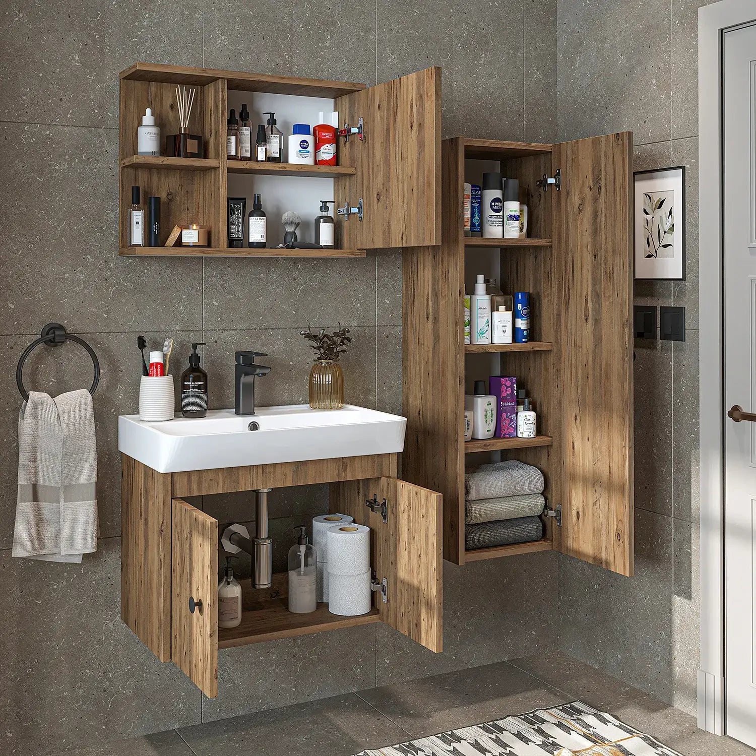 Lavabolu Banyo Dolabı 3lü Set - Ada - Roomartbanyo dolabı2867