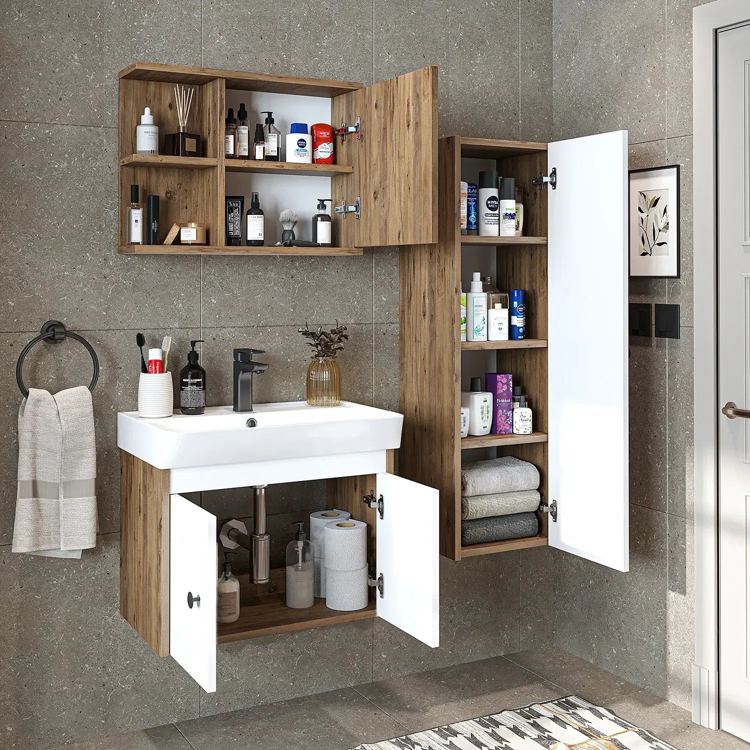 Lavabolu Banyo Dolabı 3lü Set - Ada - Roomartbanyo dolabı2870