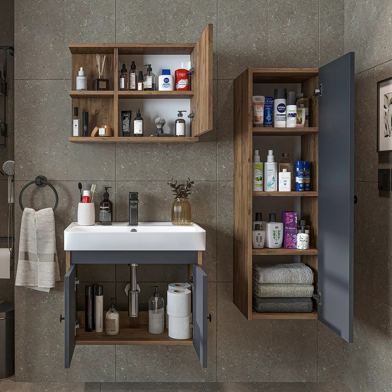 Lavabolu Banyo Dolabı 3lü Set - Ada - Roomartbanyo dolabı2871
